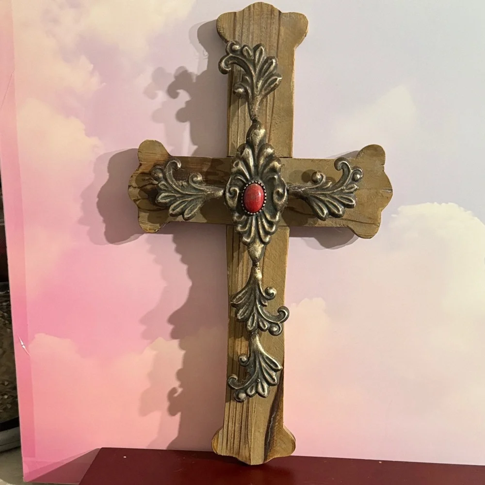 Rustic Wooden Cross with Golden Accents and Red Gem
